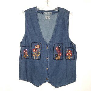 Vintage Womens Floral Vest M Embroidered Blue Lightweight Denim Boho Granny